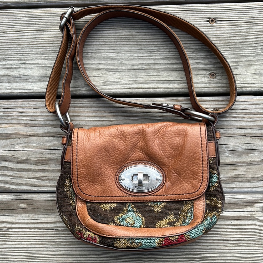 Vintage Fossil Maddox Brown Leather Tapestry Messenger Purse Crossbody